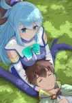  1boy 1girl aqua_(konosuba) blue_eyes blue_footwear blue_hair blue_legwear blue_skirt boots bow breasts brown_hair cape capelet closed_eyes detached_sleeves eyebrows_visible_through_hair from_above green_bow green_cape green_capelet hair_between_eyes hair_ornament hair_rings hand_on_another&#039;s_head highres izu_(tea_value_lord) kono_subarashii_sekai_ni_shukufuku_wo! lap_pillow large_breasts long_hair lying lying_on_lap satou_kazuma short_hair sidelocks sitting skirt sleeping sleeping_on_person smile thigh_boots thighhighs very_long_hair wariza 