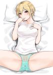  1girl bangs bed_sheet blonde_hair blush breasts commentary eyebrows_visible_through_hair green_panties hand_on_own_cheek hand_on_own_chest head_on_pillow highres idolmaster idolmaster_shiny_colors looking_at_viewer lying on_back on_bed panties parted_lips pillow pussy_juice_stain red_eyes saijou_juri see-through shirt short_hair solo spread_legs sunaba_suzume t-shirt underwear wet wet_clothes wet_panties white_shirt 