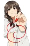  1girl bangs brown_hair closed_mouth eyebrows_behind_hair grey_eyes holding long_hair looking_at_viewer mattaku_mousuke original shirt short_sleeves simple_background smile solo upper_body white_background white_shirt 