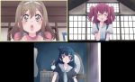  :o arms_at_sides black_blouse blouse blue_hair blue_neckwear blush brown_eyes chest_of_drawers closed_eyes commentary cream_(nipakupa) excited facing_viewer hair_bun hairband hand_on_own_face highres indoors kunikida_hanamaru kurosawa_ruby light_brown_hair looking_at_viewer love_live! love_live!_sunshine!! mannequin mirror overalls red_eyes red_hair red_shirt sailor_collar shirt side_bun tsushima_yoshiko twintails video_call white_blouse window 