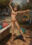  1girl absurdres arms_up balloon barefoot bathtub bikini brown_eyes brown_hair car fence flat_chest frilled_bikini frills full_body ground_vehicle highres looking_at_viewer motor_vehicle original outdoors red_bikini ribs shion_(mirudakemann) short_hair solo standing swimsuit 