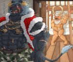  abs anthro antlers bed blush capreoline caught cervid duo embarrassed felid furniture gapao hi_res horn japanese_text krampus_(housamo) lion male mammal muscular muscular_male nipples nude pantherine pecs reindeer roommate text tokyo_afterschool_summoners translation_request video_games youl 