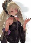  1girl bare_shoulders black_dress black_nails blonde_hair braid breasts choker collarbone dark_skin dress fingernails granblue_fantasy helel_ben_shalem highres long_fingernails long_hair long_sleeves looking_at_viewer magaeshi medium_breasts pacifier red_eyes slit_pupils solo very_long_hair wide_sleeves 