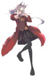  1girl absurdres ahoge animal_ears coat cosplay fate/stay_night fate_(series) fox_ears fox_girl full_body glasses green_eyes highres hololive homurahara_academy_uniform off-shoulder_coat pantyhose red_coat school_uniform shirakami_fubuki solo tohsaka_rin tohsaka_rin_(cosplay) tsumeki virtual_youtuber 