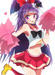  1girl alternate_costume bangs black_bow blouse blunt_bangs boots bow breasts cheerleader cure_magical earrings eyebrows_visible_through_hair hair_up haru_(nature_life) hat heart jewelry long_hair mahou_girls_precure! medium_breasts midriff navel pom_poms precure purple_eyes purple_hair red_bow red_skirt skirt sleeveless solo star_(symbol) white_blouse witch_hat yellow_footwear 
