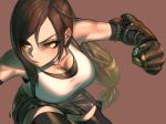  1girl absurdres black_hair black_legwear black_skirt blush breasts brown_hair cleavage clenched_hand earrings elbow_gloves eyebrows_visible_through_hair fighting_stance final_fantasy final_fantasy_vii final_fantasy_vii_remake fingerless_gloves gloves highres incoming_punch jewelry large_breasts lips long_hair low-tied_long_hair navel rakuga_kiya red_eyes simple_background skirt solo suspender_skirt suspenders tank_top thighhighs tifa_lockhart 