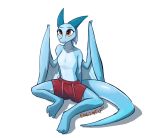  2020 anthro blue_body bottomwear clothed clothing dragon enginetrap hi_res horn membrane_(anatomy) membranous_wings scalie shorts simple_background sitting smile solo syl_(enginetrap) topless western_dragon white_background wings 