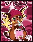  ambiguous_gender beanie_hat belly beverage bordered_background brown_body brown_fur chest_tuft crooked_tail dark_fur drips ear_tuft eyebrows female food fruit fur gigiolliwilli green_eyes humanoid_pointy_ears japanese_text logo milk multi_ear multicolored_body multicolored_fur nintendo pink_background plant pointy_and_animal_ears pok&eacute;mon pok&eacute;mon_(species) pokemon_(anime) pom_hat raichu simple_background solo straw straw_in_mouth strawberry stripes text thick_lines tuft video_games whiskers white_belly white_body white_fur yellow_cheeks yellow_tail 