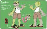 4_fingers absurd_res amphibian anthro bottomwear character_name clothed clothing english_text felino fingers footwear frog fully_clothed hi_res long_tongue membrane_(anatomy) open_mouth pink_tongue solo tan_clothing text tongue topwear webbed_hands 