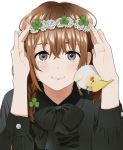  1girl animal_on_shoulder arms_up bangs bird black_bow black_shirt blush bow braid brown_hair closed_mouth clover_hair_ornament collared_shirt eyebrows_behind_hair flower flower_wreath grey_eyes hair_between_eyes hair_ornament head_wreath long_hair long_sleeves looking_at_viewer mattaku_mousuke original shirt simple_background smile solo upper_body white_background white_flower 