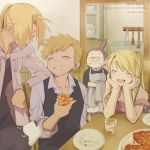  2boys 2girls :d ^_^ alphonse_elric animal apple_pie apron bangs bare_shoulders blonde_hair blush breasts brothers buttons cabinet chair cheekbones chin_rest cleavage closed_eyes closed_mouth collarbone collared_shirt den_(fma) dining_room dog doorway dress_shirt eating edward_elric elbow_rest eyebrows_visible_through_hair fingernails food food_on_face fullmetal_alchemist furrowed_eyebrows glass glasses grandmother_and_granddaughter grey_shirt grin hair_over_one_eye hands_on_own_chin happy holding holding_food indoors jacket kitchen medium_breasts multiple_boys multiple_girls open_clothes open_jacket open_mouth pinako_rockbell plate ponytail ru_(xremotex) shirt siblings sidelocks sitting skinny smile spoon standing swept_bangs table teeth twitter_username waistcoat watermark winry_rockbell 