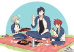  3boys aizen_kunitoshi akashi_kuniyuki bandaid bandaid_on_nose beer_can blanket can chopsticks closed_eyes food food_on_face glasses green_eyes hair_ornament hairclip hotarumaru indian_style male_focus multiple_boys obentou official_art open_mouth plate purple_hair red_hair rice rice_on_face rururara seiza shoes_removed silver_hair sitting smile sushi touken_ranbu track_suit yellow_eyes 