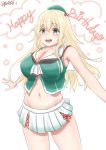  1girl atago_(kantai_collection) beret blonde_hair breasts choukai_(kantai_collection) choukai_(kantai_collection)_(cosplay) cleavage collarbone commentary_request cosplay cowboy_shot green_eyes green_headwear green_shirt groin happy_birthday hat highres kantai_collection large_breasts long_hair maya_(kantai_collection) maya_(kantai_collection)_(cosplay) midriff navel pleated_skirt shirt simple_background sinape skirt sleeveless sleeveless_shirt solo white_background white_skirt 