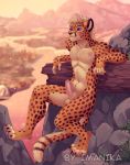  4_toes 5_fingers anthro balls cheetah day detailed_background digitigrade felid feline fingers fur genitals imanika male mammal nude outside penis purple_eyes sky smile solo spots spotted_body spotted_fur toes 