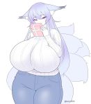  animal_humanoid big_breasts biped blue_body blue_fur blush bottomwear breasts canid canid_humanoid canine canine_humanoid clothed clothing curvy_figure denim denim_clothing dipstick_ears eyelashes female fluffy fluffy_tail fox_humanoid fully_clothed fur futon_(artist) gift hair half-closed_eyes hi_res holding_gift holding_object huge_breasts humanoid humanoid_hands inner_ear_fluff jeans light_skin long_hair looking_at_viewer mammal mammal_humanoid multi_tail multicolored_ears narrowed_eyes pants pink_eyes purple_hair ribbed_sweater simple_background smile solo standing sweater thick_thighs topwear tuft voluptuous white_background wide_hips 