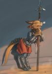  3_toes 4_fingers ambiguous_gender anthro armor bubble claws clothed clothing crestfallenartist ear_piercing ear_ring fingers fully_clothed half-closed_eyes hi_res holding_object holding_weapon horn kobold melee_weapon narrowed_eyes open_mouth piercing plate_armor polearm scalie solo spear standing tired toe_claws toes tongue tongue_out weapon 