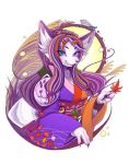  2019 4_fingers accessory animal_mask anthro asian_clothing blue_eyes blush canid canine cheek_tuft clothing east_asian_clothing facial_tuft female fingers fox fox_mask hair hair_accessory hairclip hi_res holding_object inner_ear_fluff inutsukihasukii japanese_clothing kemono kimono leaf leaf_print long_hair looking_at_viewer mammal mask multicolored_hair portrait purple_hair simple_background solo tuft white_background 