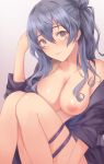  1girl areolae bangs blue_eyes blue_hair blush breasts cleavage collarbone commentary_request eyebrows_visible_through_hair gotland_(kantai_collection) hair_between_eyes hair_bun hand_up highres kantai_collection large_breasts long_hair long_sleeves looking_at_viewer mole mole_under_eye nipples no_bra off_shoulder open_clothes parted_lips shirokuma-kun sidelocks simple_background sitting smile solo thigh_strap wavy_hair 