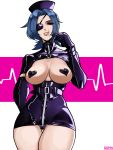 1girl absurdres alecto_0 belt belt_buckle black_eyepatch black_gloves blue_hair breasts breasts_outside buckle cowboy_shot elbow_gloves evil_smile eyepatch facial_scar gloves heart heart_pasties highres large_breasts latex latex_gloves lips mouth_scar pasties pink_background red_eyes reverse_outfit scar skullgirls smile valentine_(skullgirls) white_background zipper 