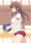  1girl alternate_costume bangs braid brown_hair buruma cowboy_shot green_eyes gym_uniform indoors kantai_collection nakadori_(movgnsk) noshiro_(kantai_collection) profile red_buruma shirt solo standing swept_bangs t-shirt twin_braids volleyball white_shirt window 