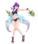  1girl bangs bare_shoulders bikini book breasts cleavage closed_mouth collarbone dual_wielding eyebrows_visible_through_hair fire_emblem fire_emblem:_the_sacred_stones fire_emblem_heroes flower full_body hair_flower hair_ornament highres holding long_hair lute_(fire_emblem) medium_breasts navel official_art purple_eyes purple_hair sandals see-through seo_kouji simple_background solo stomach swimsuit thighs tied_hair transparent_background 