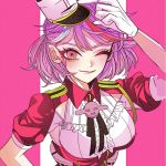  1girl anno88888 arm_up armpit_cutout bangs black_neckwear breasts ear_piercing giuseppe_garibaldi_(kantai_collection) gloves hat highres kantai_collection lips medium_breasts mini_hat multicolored_hair neck_ribbon one_eye_closed piercing pink_eyes pink_hair red_hair ribbon short_sleeves simple_background smile streaked_hair tilted_headwear two-tone_background upper_body white_gloves white_hair white_headwear 