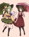  2girls absurdres choco-rune eyebrows_visible_through_hair frilled green_eyes green_hair hat hat_ribbon highres holding_hands kazami_yuuka komeiji_koishi long_sleeves looking_at_viewer multiple_girls open_mouth pantyhose patterned_clothing plaid plaid_skirt pleated_skirt red_eyes ribbon signature skirt smile socks touhou umbrella vest 