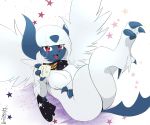  2020 absol claws eryz feral fur hi_res holding_object nintendo open_mouth pok&eacute;mon pok&eacute;mon_(species) red_eyes scarf tongue video_games white_body white_fur wings 