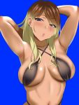  1girl armpits arms_behind_head black_eyes blue_background blush breasts breasts_apart commentary ear_piercing eyebrows_visible_through_hair gyaru highres idolmaster idolmaster_shiny_colors izumi_mei kogal large_breasts looking_away multicolored_hair navel open_mouth piercing qarsa sideboob simple_background skindentation string_bikini tan 