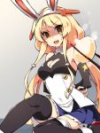  1girl :d animal_ears arms_behind_back azur_lane bare_shoulders benson_(azur_lane) black_legwear blonde_hair blue_skirt breasts bunny_ears chopsticks cleavage cleavage_cutout commentary_request covered_navel egg fake_animal_ears grey_background hair_ornament hairband heart heart_cutout long_hair low_twintails medium_breasts miniskirt open_mouth orange_eyes pleated_skirt shaded_face skirt smile star_(symbol) steam sweat thighhighs twintails v-shaped_eyebrows very_long_hair white_hairband youhei_64d 