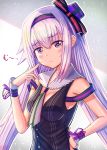  .live 1girl breasts carro_pino glaring headband highres jitome konsome lavender_hair looking_at_viewer pointing pointing_at_self purple_eyes simple_background sleeveless solo unhappy virtual_youtuber 