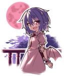  1girl :d bat_wings dress eyebrows_visible_through_hair fang frilled_dress frilled_sleeves frills hair_between_eyes holding_arm lirilias looking_at_viewer medium_hair moon night open_mouth pink_dress pink_frills pointy_ears purple_hair red_eyes red_moon red_nails red_neckwear remilia_scarlet short_sleeves slit_pupils smile solo touhou upper_body wings wrist_cuffs 