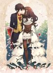 1boy 1girl ariake_aria arm_belt arms_behind_back arsene_lupin_(code:realize) black_suit bouquet bow bowtie brown_hair brown_legwear cardia_beckford closed_eyes code:realize facing_another flower formal frills gear_hair_ornament hetero holding holding_flower kiss standing suit thigh_strap vest yellow_bow yellow_vest 