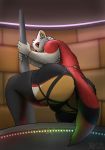  absurd_res anthro ass_up big_butt bulge butt butt_pose canid canine canis clothing crouching dhole embarrassed fur hi_res legwear looking_at_viewer looking_back low-angle_view male mammal pose solo thigh_highs thong underwear worm&#039;s-eye_view 