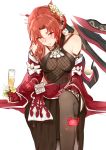  1girl absurdres alcohol bangs bare_shoulders blush braid commentary cup drinking_glass drunk flower gloves hair_flower hair_ornament hair_stick highres holding holding_cup honkai_(series) honkai_impact_3rd long_hair looking_at_viewer murata_himeko parted_bangs red_butterfly red_gloves red_hair sitting smile solo white_background wide_sleeves wine wine_glass yellow_eyes zhourues 