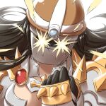  1girl armor bikini_armor black_gloves black_hair breasts brown_headwear clenched_hand commentary_request gauntlets gloves hardhat helmet large_breasts long_hair looking_at_viewer natsuya_(kuttuki) pauldrons ragnarok_online rune_knight_(ragnarok_online) shoulder_armor simple_background solo sparkling_eyes sparks spiked_gauntlets spiked_pauldrons upper_body welding_mask white_background 