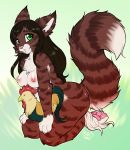  2019 anthro avian avian_caruncle bird black_hair breasts brown_body brown_fur chest_tuft chicken comb_(anatomy) duo female feral fur galliform gallus_(genus) green_eyes hair head_crest hi_res inuki kneeling looking_at_viewer male nipples phasianid pink_nose remmmy striped_body striped_fur stripes tuft whiskers 