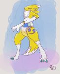  2020 3_fingers 3_toes absurd_res anthro artwork_(digital) bodily_fluids chest_tuft claws diaper digimon digimon_(species) dipstick_tail extry eyes_closed female fingers fur genital_fluids hi_res multicolored_tail renamon solo standing toe_claws toes tuft urine wet_diaper wetting white_body white_fur yellow_body yellow_fur 