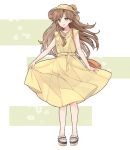  1girl alternate_costume arashio_(kantai_collection) bag brown_eyes brown_hair commentary_request dress dress_lift flower full_body hat kantai_collection lifted_by_self long_hair looking_at_viewer sandals shakemi_(sake_mgmgmg) sleeveless sleeveless_dress solo standing sun_hat sundress sunflower yellow_dress yellow_headwear 
