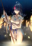  1girl ahoge bangs bare_shoulders black_hair blue_eyes blue_ribbon breasts closed_mouth collarbone dress fate/grand_order fate/requiem fate_(series) fundoshi highres japanese_clothes jewelry lake large_breasts long_sleeves looking_at_viewer magatama magatama_hair_ornament medium_hair multicolored_hair necklace night night_sky pelvic_curtain pink_hair polearm puffy_long_sleeves puffy_sleeves ribbon short_dress sideboob sideless_outfit sky smile spear spica_(starlitworks) streaked_hair thighs utsumi_erise wading water weapon white_dress 