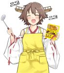  1girl absurdres apron brown_hair closed_eyes cowboy_shot curry detached_sleeves dokuganryuu flipped_hair food hairband headgear hiei_(kantai_collection) highres japanese_clothes kantai_collection ladle looking_at_viewer open_mouth ribbon-trimmed_sleeves ribbon_trim short_hair simple_background solo translation_request white_background yellow_apron 