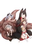  4girls akagi_(azur_lane) animal_ear_fluff animal_ears azur_lane black_kimono bow braid brown_hair candy cat_ears ears_through_headwear eyeliner eyeshadow food fox_ears fox_girl fox_tail hair_bow hat highres holding_lollipop japanese_clothes kimono kindergarten_uniform kitsune lollipop makeup mechanical_ears multiple_girls multiple_tails mutsuki_(azur_lane) object_hug pillow red_eyes school_hat short_hair side_braid silver_hair steed_(steed_enterprise) tail wolf_ears wolf_girl yukikaze_(azur_lane) yuudachi_(azur_lane) 