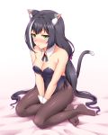  1girl animal_ear_fluff animal_ears bare_shoulders black_hair blush breasts bunny_ears bunnysuit cat_ears cat_tail closed_mouth collarbone commentary_request detached_collar green_eyes highres karyl_(princess_connect!) long_hair looking_at_viewer low_twintails medium_breasts multicolored_hair pantyhose princess_connect! princess_connect!_re:dive simple_background solo streaked_hair surume_(clavis) tail twintails white_background white_hair 