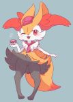  1girl :3 animal_ear_fluff animal_ears blue_background blush braixen cabbie_hat clothed_pokemon commentary_request cup drink fangs fox_ears fox_tail full_body furry gen_6_pokemon hand_up happy hat heart highres holding looking_at_viewer neckerchief no_humans one_eye_closed open_mouth paws pigeon-toed poke_ball_theme pokemon pokemon_(creature) pokemon_(game) pokemon_cafe_mix red_eyes red_headwear red_neckwear sana_(sanaa653) saucer simple_background smile solo standing tail tea teacup 