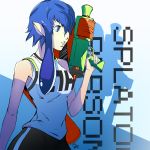  1girl alternate_costume bangs bike_shorts blue_eyes blue_hair blunt_bangs breasts commentary_request cosplay dh_(brink_of_memories) highres holding ink_tank_(splatoon) inkling inkling_(cosplay) looking_to_the_side persona persona_4 pointy_ears shadow shirogane_naoto shirt short_hair signature sleeveless solo splatoon_(series) splatoon_2 splattershot_(splatoon) t-shirt tentacle_hair water_gun weapon 