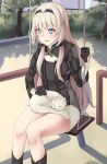  1girl act_(xadachit) an-94_(girls_frontline) bangs black_gloves blue_eyes blush cat clip_studio_paint_(medium) girls_frontline gloves hairband highres long_hair long_sleeves open_mouth outdoors silver_hair sitting solo swing tree 