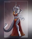  2020 4_toes 5_fingers anthro belly_dancer breasts clothed clothing digital_media_(artwork) dragon female fingers hair horn midriff navel non-mammal_breasts solo text toes url white_hair wingless_dragon yasmil 
