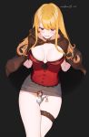  1girl between_legs blonde_hair blue_eyes blush breasts brown_cape brown_hair cape choker cleavage copyright_request dark_background from_above giantess highres koyo_akio large_breasts long_hair pencil_skirt red_shirt shirt short_hair sitting skirt smile thigh_strap white_shirt 