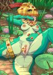  anthro armor blue_body blue_skin breasts captaincob countershading crown exposed_breasts female flower gem genital_piercing genitals gold_(metal) gold_jewelry headgear helmet hi_res jewelry kobold lotus_(flower) nipples piercing plant pond pussy red_eyes solo spread_legs spreading swamp water wet 