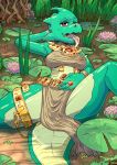  blue_body blue_skin captaincob countershading female flower gem gold_(metal) gold_jewelry hi_res jewelry kobold lotus_(flower) plant pond red_eyes solo spread_legs spreading swamp tongue tongue_out water wet 
